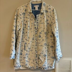 Susan Graver Style Linen and Cotton Floral Embroidered Single Button Jacket